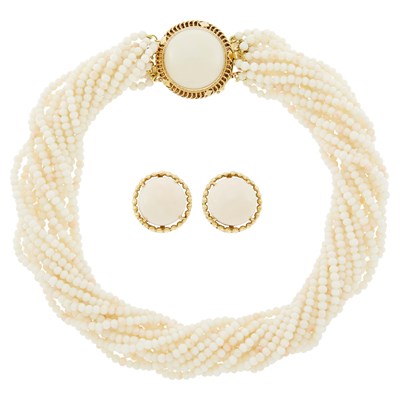 Lot 1098 - Multistrand White and Angel Skin Coral Bead Torsade Necklace and Pair of Earrings