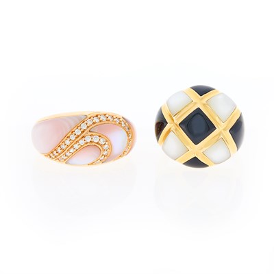 Lot 1039 - Two Yellow and Rose Gold, Mother-of-Pearl, Black Onyx and Diamond Rings