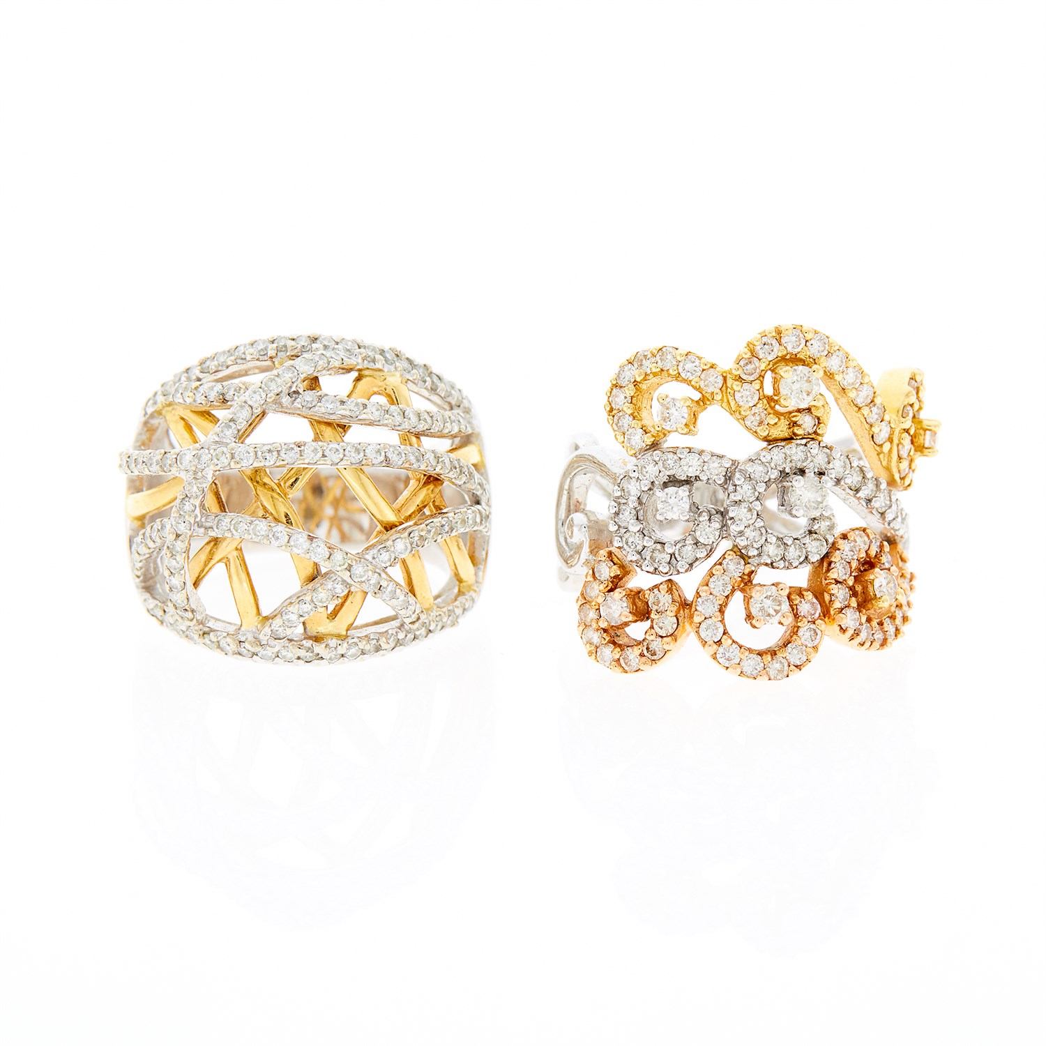 Lot 1213 - Two-Color Gold and Diamond Cage Ring and Tricolor Gold and Diamond Ring