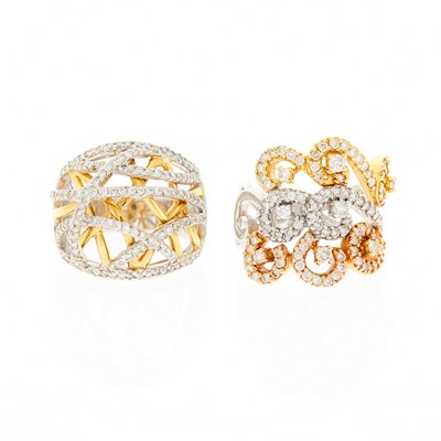 Lot 1213 - Two-Color Gold and Diamond Cage Ring and Tricolor Gold and Diamond Ring