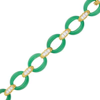 Lot 10 - André Vassort for Van Cleef & Arpels Two-Color Gold, Green Chalcedony and Diamond Link Bracelet, France