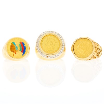 Lot 1230 - Three Gold, Gold Coin and Diamond Rings