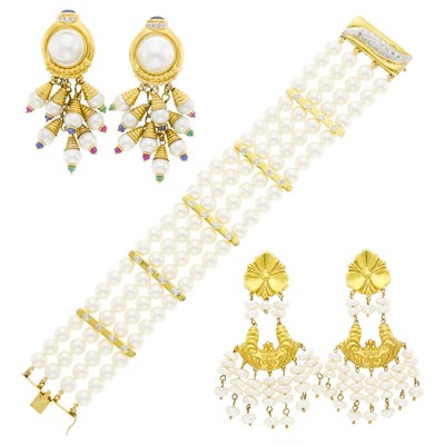 Lot 1043 - Four Strand Cultured Pearl, Gold and Diamond Bracelet and Gem-Set Fringe Earrings and Freshwater Pearl Pendant-Earrings