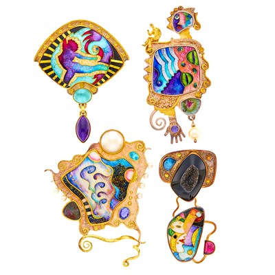 Lot 1038 - Ricky Frank and Alex Pitu Three Silver, Silver-Gilt, Cloisonné Enamel, Gem-Set and Cultured Pearl Pendant-Brooches and Brooch
