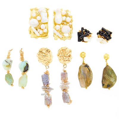 Lot 1049 - Four Pairs of Gold, Freshwater Pearl, Labradorite, Opal and Black and White Coral Earrings