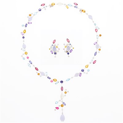 Lot 1182 - White Gold, Blue Chalcedony, Gem-Set and Diamond Pendant-Necklace and Pair of Earrings