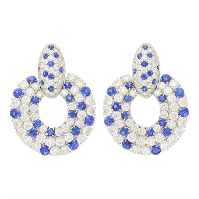 Lot 205 - Pair of White Gold, Sapphire and Diamond Doorknocker Pendant-Earclips