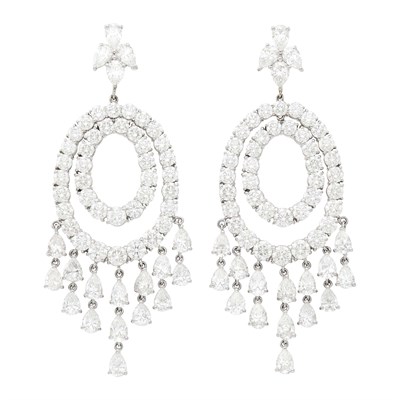 Lot 103 - Pair of White Gold and Diamond Fringe Pendant-Earrings