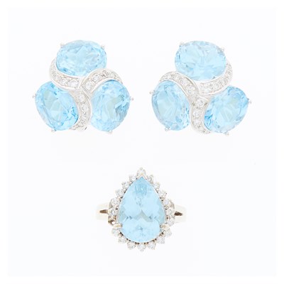 Lot 1181 - White Gold, Aquamarine and Diamond Ring and Pair of Blue Topaz and Diamond Earclips
