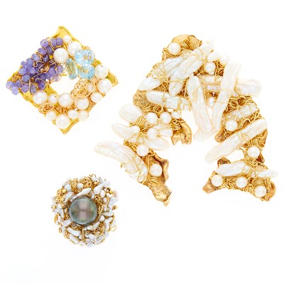 Lot 1051 - Two Gold, Freshwater and Gray Cultured Pearl, Sapphire Bead and Blue Topaz Pendant-Brooches and Ring