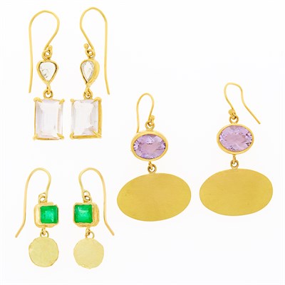 Lot 1062 - Three Pairs of High Karat Gold, Amethyst, Paste, Emerald and Diamond Pendant-Earrings