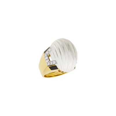 Lot 76 - David Webb Gold, Platinum, Fluted Rock Crystal, Black Enamel and Diamond Ring