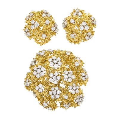 Lot 215 - Tiffany & Co. Gold and Diamond Clip-Brooch and Pair of Earclips, France