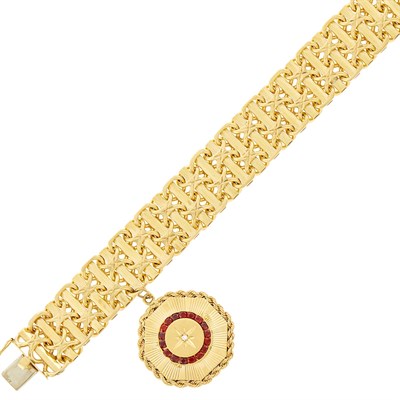 Lot 1101 - Gold Bracelet with Gold, Garnet and Diamond Locket Charm