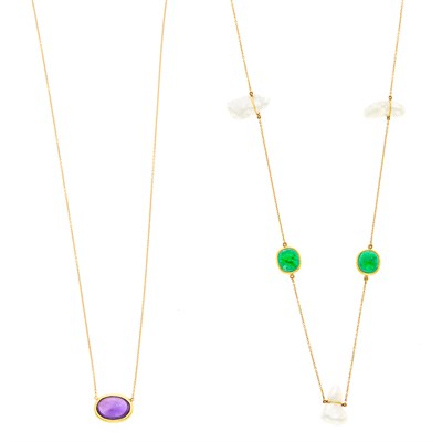 Lot 1002 - Tiffany & Co., Elsa Peretti Two Gold, Baroque Cultured Pearl, Cabochon Emerald and Amethyst Chain Necklaces