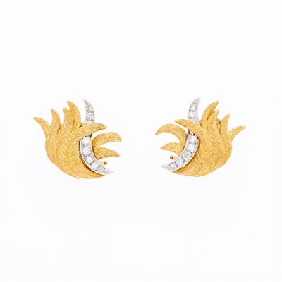 Lot 1067 - Pair of Two-Color Gold and Diamond Leaf Earrings