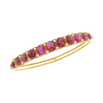 Lot 1156 - Gold, Cabochon Ruby and Diamond Bangle Bracelet