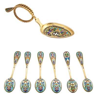 Lot 238 - Set of Six Russian Silver-Gilt and Cloisonne...