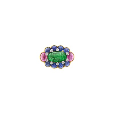 Lot 34 - Gold, Cabochon Colored Stone and Diamond Ring