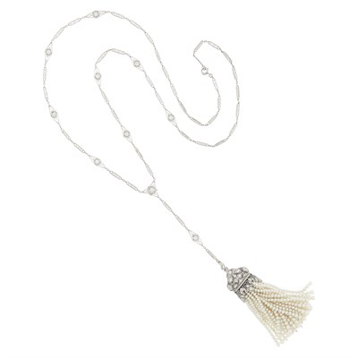 Lot 94 - Edwardian Platinum, Diamond and Seed Pearl Tassel Pendant-Chain Necklace
