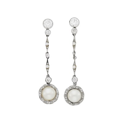 Lot 84 - Pair of Platinum, Cultured Pearl, Seed Pearl and Diamond Pendant-Earrings