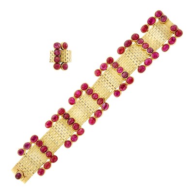 Lot 36 - Wide Gold and Cabochon Ruby Bracelet and Ring