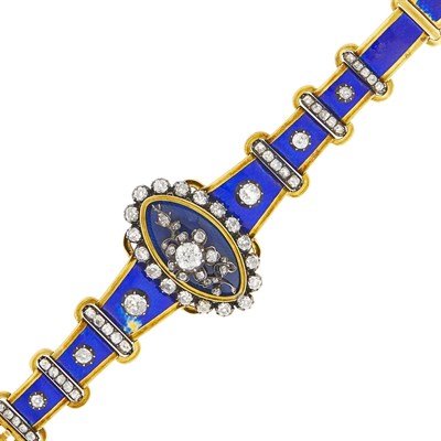 Lot 47 - Antique Gold, Silver, Diamond and Blue Enamel Link Bracelet