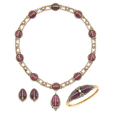 Lot 48 - Antique Silver, Gold, Cabochon Garnet, Diamond and Seed Pearl Demi-Parure