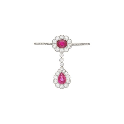 Lot 93 - Antique Platinum, Gold, Ruby and Diamond Lapel-Pin