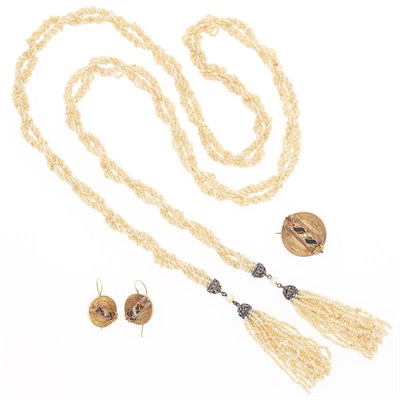 Lot 1159 - Twisted Seed Pearl, Silver, Diamond and Enamel Lariat Tassel Necklace, Gold Pendant-Brooch and Pair of Earrings