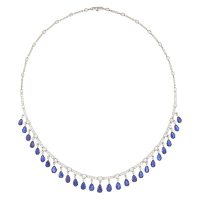 Lot 77 - Platinum, Sapphire and Diamond Fringe Necklace