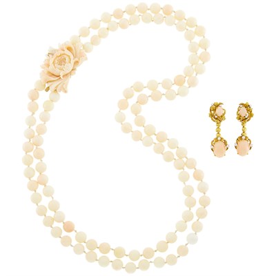 Lot 1092 - Double Strand Angel Skin Coral Bead Necklace and Pair of Pendant-Earclips