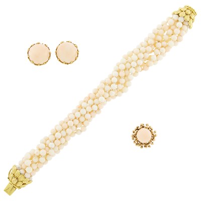 Lot 1083 - Multistrand White and Angel Skin Coral Bead Torsade Bracelet with Gold Clasp, Pair of Earclips and Ring