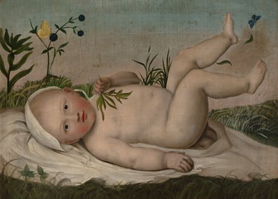 Lot 100 - 19th Century School Baby Lying on a Blanket in...