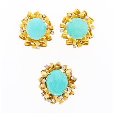 Lot 1240 - Gold, Turquoise and Diamond Ring and Pair of Earclips