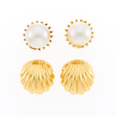 Lot 1094 - Pair of Gold Shell Earclips and Mabé Pearl Earclips