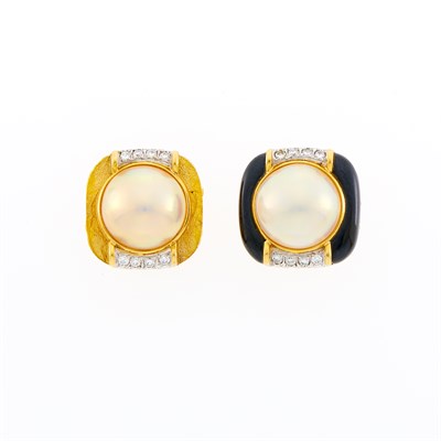 Lot 1235 - Trio Pair of Gold, Platinum, Mabé Pearl, Black Onyx and Diamond Earclips