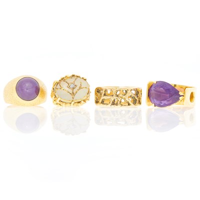 Lot 1109 - Gold and Amethyst Ring, Chalcedony and Diamond Ring, Gentleman's Gold Band Ring and Gold and Star Ruby Ring