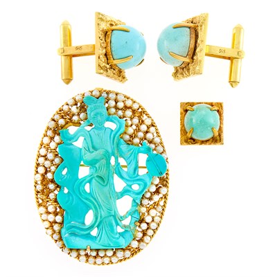 Lot 1085 - Pair of Gold and Turquoise Cufflinks, Tie Tac and Carved Turquoise and Cultured Pearl Pendant-Brooch