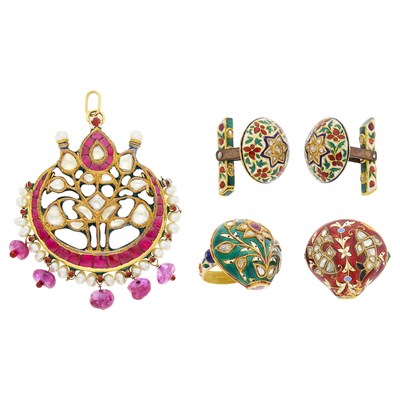 Lot 1065 - Group of Indian Gold, Silver, Jaipur Enamel, Freshwater Pearl, Foil-Backed Diamond and Ruby Bead Jewelry