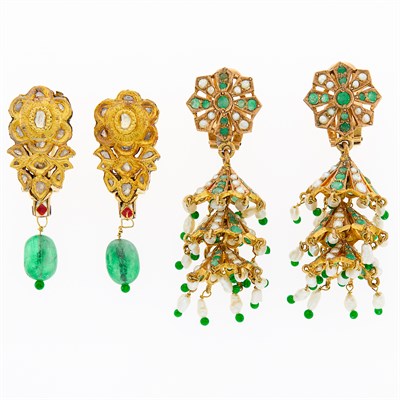 Lot 1162 - Pair of Indian Gold, Enamel, Foil-Backed Diamond and Emerald Bead Earclips and Pair of Emerald and Freshwater Pearl Pendant-Earclips