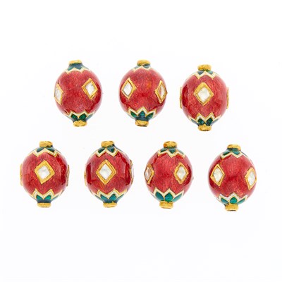 Lot 1160 - Seven Indian Gold, Jaipur Enamel and Foil-Backed White Sapphire Beads