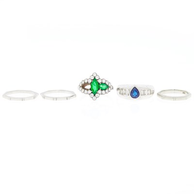 Lot 1116 - White Gold, Sapphire and Diamond Band Ring, Platinum, Emerald and Diamond Ring and Three Band Rings