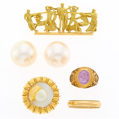 Lot 1150 - Gold and Low Karat Gold Band Ring, Class Ring, Ring Mounting and Classical Figure Brooch