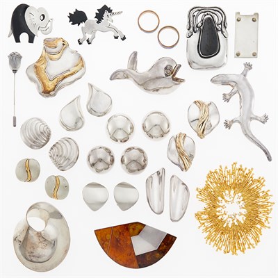 Lot 1275 - George Jensen Brooch, Pair of Earclips and Stick Pin and Group of Silver and Metal Jewelry