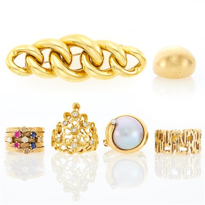 Lot 1230 - Five Gold and Gem-Set Rings and Brooch