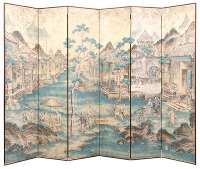 Lot 258 - A Chinese-Style Printed Six-Panel Floor Screen...