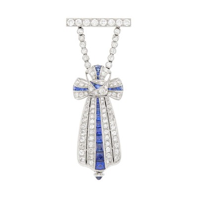 Lot 89 - Belle Epoque Platinum, Diamond and Sapphire Lapel-Watch