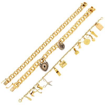 Lot 1147 - Three Gold, Gold-Filled and Silver Charm Bracelets