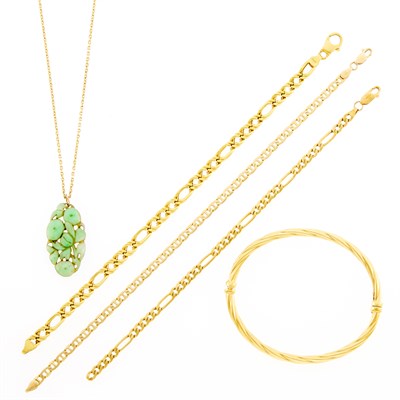 Lot 1168 - Three Gold Bracelets, Gold Chain Necklace with Carved Jade Pendant and Bangle Bracelet